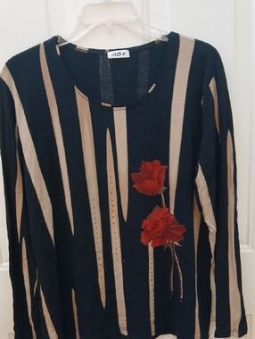AB+ Navy Striped Long Sleeve Top with Red Rose Appliqué